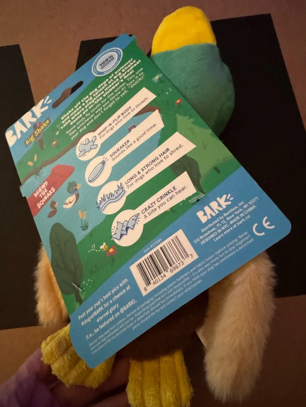 Barkbox dog toy L Duck NEW thrash, whip, squeak & crinkle